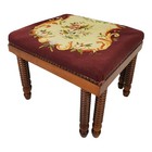 Needlepoint Oak Bench Stool Antique French W  Double Bobbin Legs Brass Nails 19c