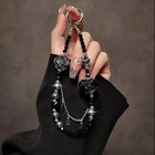 Black Beaded Hearts Floral Butterfly Crystal Sparkling Phone Bag Strap Wristlet 