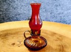 Vintage Miniature Amber   Ruby Red Glass Oil Lamp Perfume Bottle Ruffled Shade