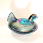 Vintage Blue Iridescent Hen On Nest Carnival Glass Beautiful 7  Perfect Chicken
