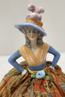 Vintage Porcelain Vanity Half Doll Pin Cushion Dress Victorian Feather Hat Lady
