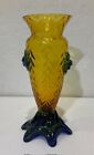 Vintage Czech Glass Art Vase Translucent Gold Zig-zig Design Footed Prunts 6  H