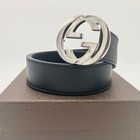 Gucci Interlocking G Belt Black Leather Silver Buckle Size 85 34 114984