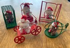 Vintage Lot Of 5 Flocked Christmas White   Brown Teddy Bears On Metal Playthings