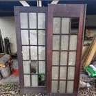 Antique Salvaged Double Glass Panel Doors Wood Glass Dark Brown With Hardware