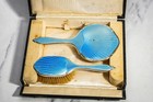 Amazing Antique Art Deco Guilloche Enamel Sterling Silver Mirror Brush Set Box