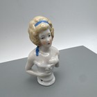 Antique German Half Doll Porcelain Pin Cushion Topper Blonde In Corset