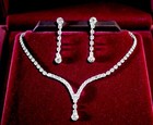 Iced Out Clear Rhinestone Bridal Necklace   Earrings Set Silver Plated 17 5