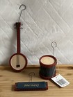Vtg Tender Hearts Treasures Wood Blue   Red Banjo Harmonica Drum Ornament Set