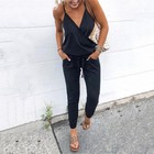 Women Deep V Neck Sleeveless Jumpsuit Drawstring Belted Waisted Long Pant Romper