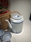Chinese Tea Set In Padded Wicker Basket Picnic Basket Gold Hardware Blue White
