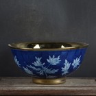 5 9  Collect Chinese Porcelain Blue Glaze Hand Made Gild Bamboo Tree Leaf Bowl