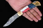 Custom Made Forged Damascus Steel Folding Pocket Knife Leather Sheath 1506
