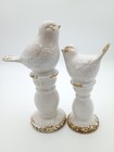 Vtg Ceramic Distressed Painted Birds On Pedestal Set Of Two - Vintage Mcm