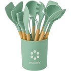 12 Pcs Silicone Kitchenware Utensil Set With Wooden Handle   Holder Green