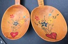 2 Vintage Wooden Serving Carved Spoon Hand Painted Floral Heart Preowned 