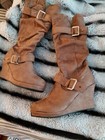 Women   s Lot 2 Knee-high Riding Boots Faux Suede Brown Buckle Black Zip 6
