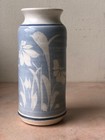 Art Pottery Stoneware Vintage Artist Vase Blue Leaves Floral Glaze