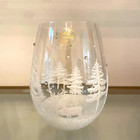 Set Of 2 Stemless Wine Glasses Hand Painted White Christmas Trees Snow New
