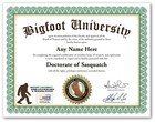 Personalized Bigfoot University Certificate - Sasquatch Hunter Tracker - Gift