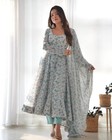 Women Floral Anarkali Gown Set Chiffon Wear Dress Dupatta Palazzo Sky Blue