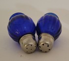 Vintage Cobalt Blue Glass Salt   Pepper Shakers Set W metal Caps - Made In Japan