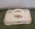 Vintage White Wood Sewing Box Handle Double Flip Lids Floral Decals Unique Rare