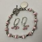 Vtg Sterling Silver   Pink Cat s Eye Beaded Bracelet Dangle Earring Set 925 6 5   