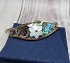 Vintage Alpaca Silver Mexico Abalone Mother Of Pearl Flower Hinged Bracelet