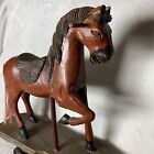 Antique Wooden Horse Glass Eyes Board Iron Wheels Straw Tail Toy Painted 16   