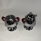 Vintage Mcm Chrome Metal Creamer And Sugar Bowl W  Red Translucent Handles Rare