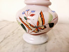 Pair Of Antique Bristol Blown Glass Hand Painted Butterflies Ruffled 5  Vase