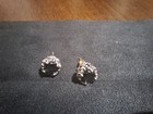Vintage Silver Tone Black Round Stone Stud Earrings Intricate Metalwork On Sides