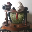 Vtg  Estate Fairfax Wooden Pipe Stand   Green Soreno Glass Humidor W 6 Pipes