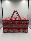 Vintage Floral Fabric Sewing Basket With Wicker Trim Beautiful Red With 2 Levels