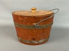 Primitive Vintage Rustic Wooden Bucket Metal Banded Pail With Lid