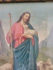 Vintage Wood Framed Lithograph Of The Good Shepard Jesus With Lambs Sheep