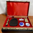 Calligraphy Pen   Ink Holders Set In Antiqued Silky And Red Silk Box Vintage
