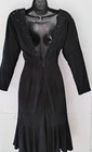 Vintage Black Suede Beaded Dress V-neck Open  Back Kick Pleat Skirt Size Xsmall 