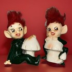 Vintage Japan Pixie Figurine Red Fur Hair Mcm Elf Mushroom Pair