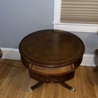 Vintage Large Mahogany Leather Top Drum Table W brass Claw Feet Circa 1940s