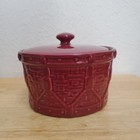 Longaberger Pottery Woven Traditions Covered Drum Crock With Lid Maroon Red Usa