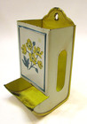 Antique 1910s Original Paint Yellow Green Floral Tin Wall Match Holder Matchbox