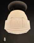 Vtg Porcelain Ceiling Light Fixture Skyscraper Glass Shade Flush Switch Usa  m93