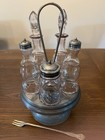 Vintage Cruet Castor Condiment Set 5  Bottles Metal Stand And Rogers Nickel Fork