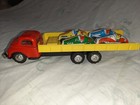 Vintage Japan Tin metal Friction Race Car Carrier W box Top   4 Cars