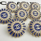 10 Chanel Buttons Blue Gold Flower Cc Logo Pearls 20mm Vintage