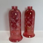 Pair Of 10    Cranberry Flashed Glass Etched Hurricane Shades Lamp Flowers Antique