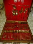 Vintage Thai Nickel Bronze Flatware Set Wooden Box 145 Pcs Square Handle Marked