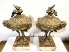 Antique Pair Of Large Neoclassical Spelter Lidded Urns On Marble Bases